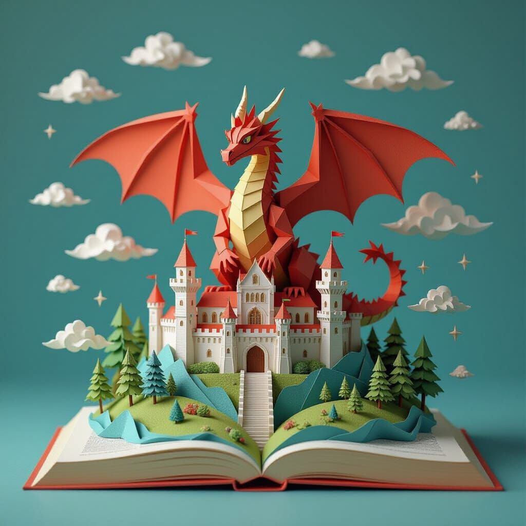 Origami Pop-Up Book With Dragon and Castle