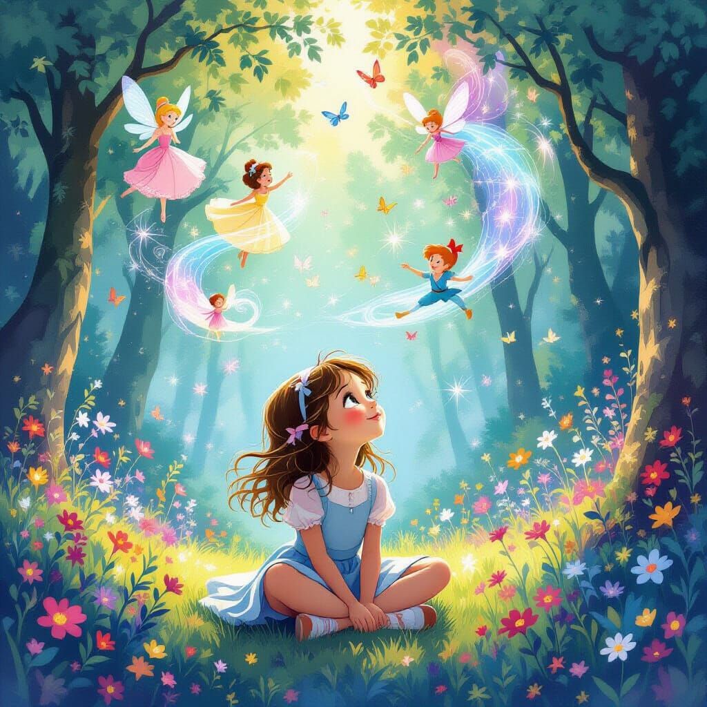 Whimsical Forest Scene: Girl Imagines Fairytale Worlds