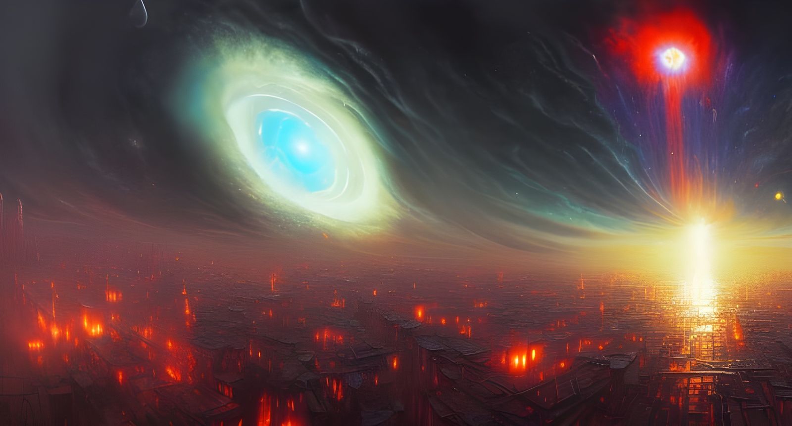 Exploding Star Over City in Horror Painting Style