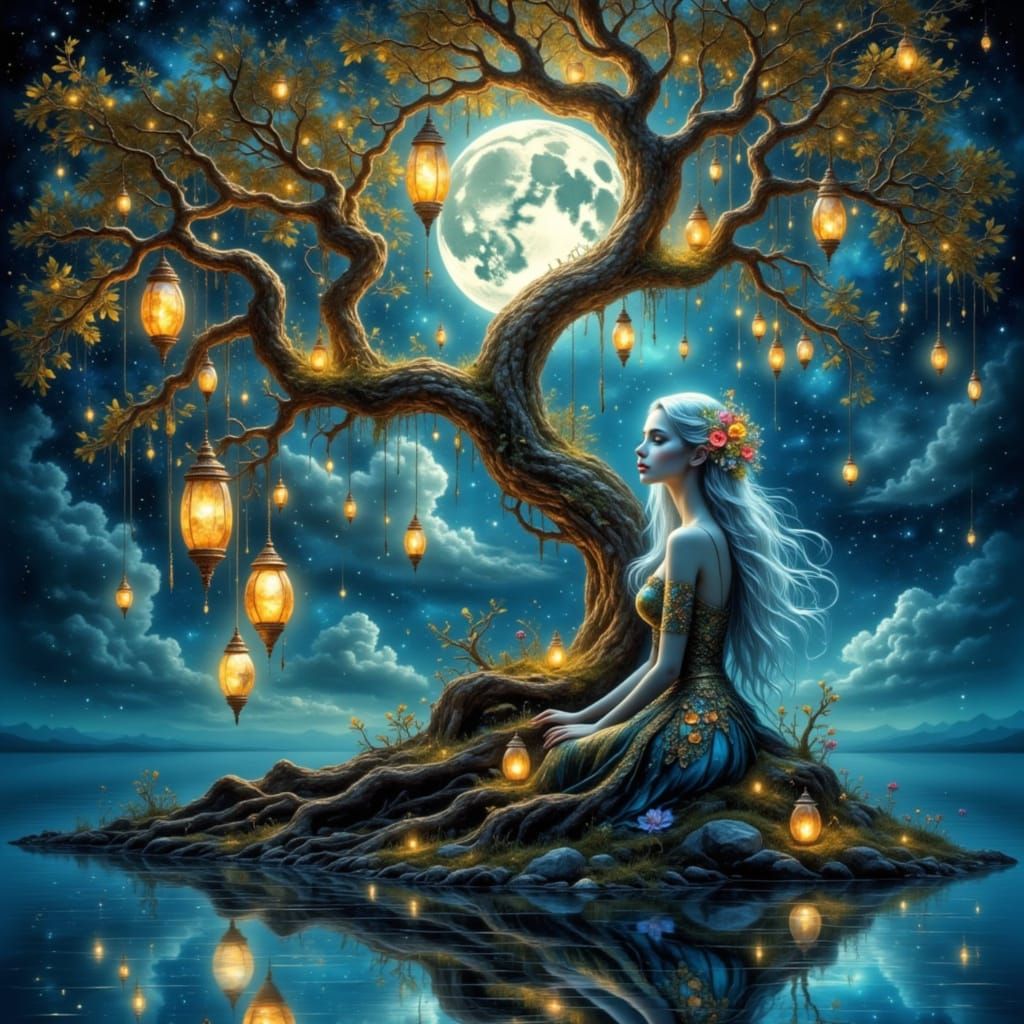 Serene Elf Woman Under Ancient Tree in Dreamlike Reverie