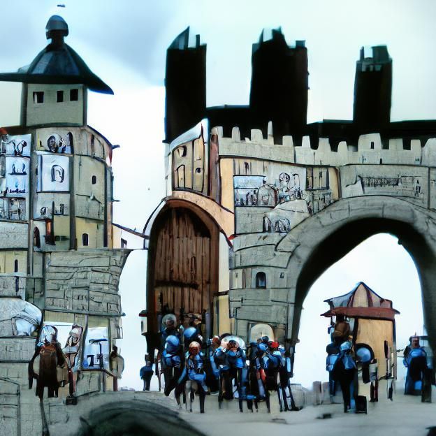 Medieval Army Marches Through City Gate