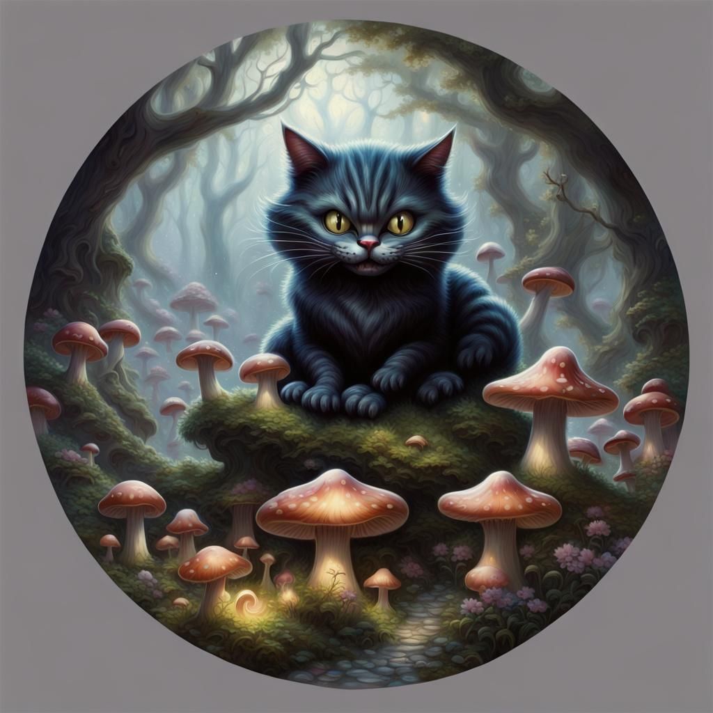 Ethereal Black Cheshire Cat in Fantasy Mushroom Garden