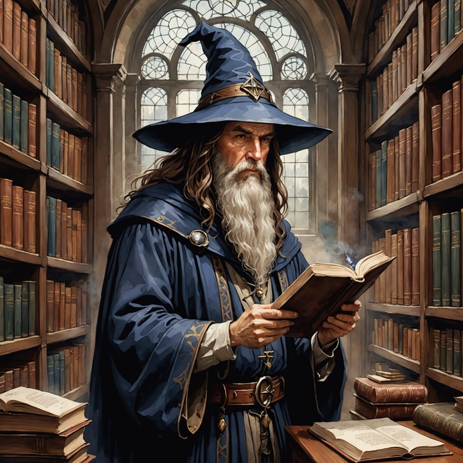 Watercolor Wizard in Library, Chiaroscuro Style