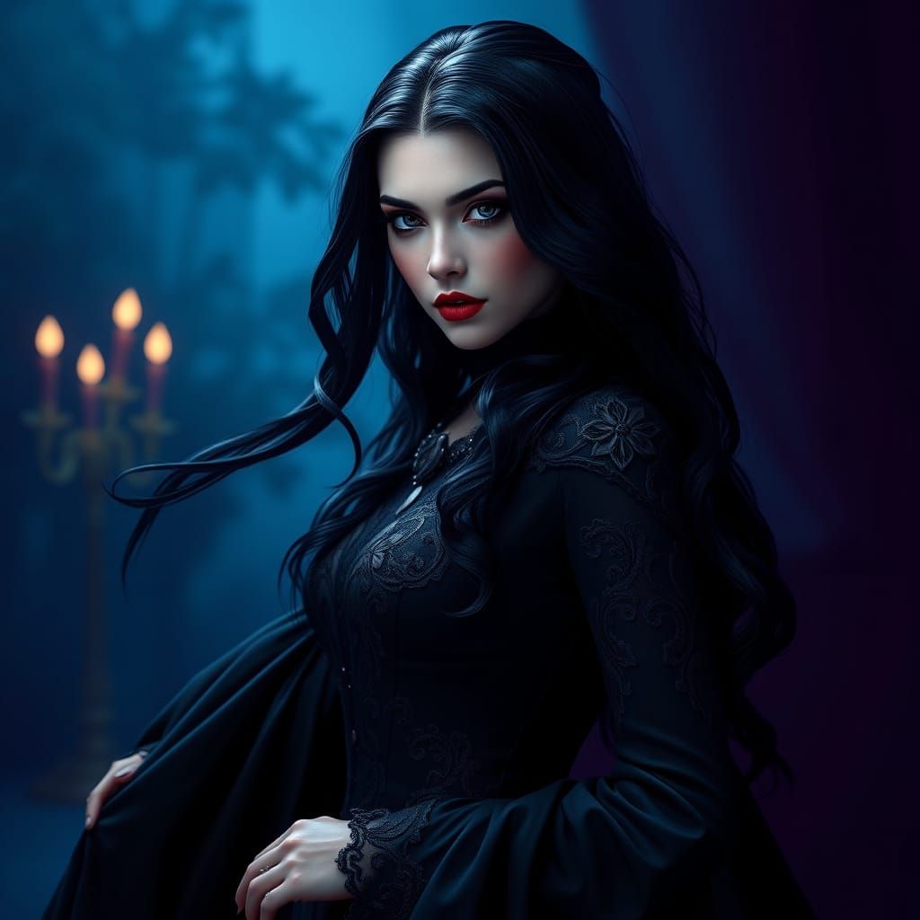 Regal Dark Fantasy Villainess in Elegant Black Dress