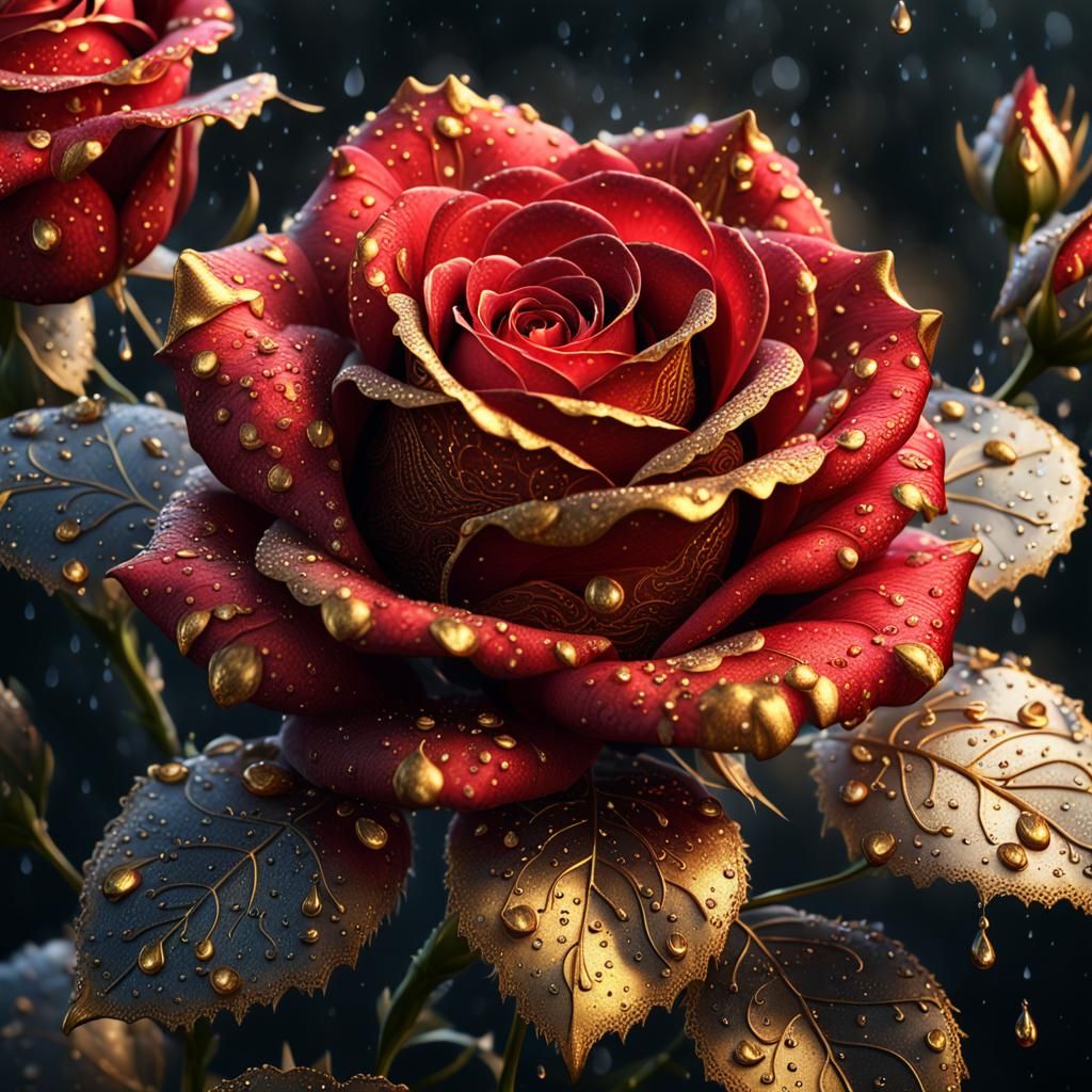 Scarlet and Gold Rose with Lace Effects