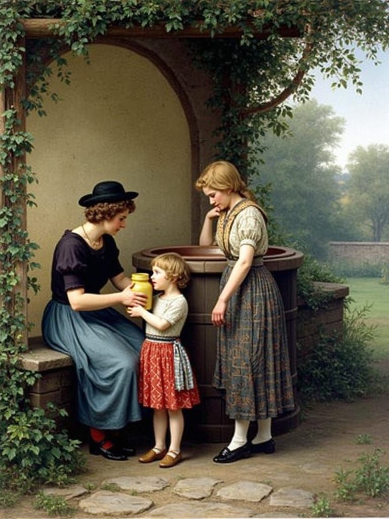 British Women at Well: Impasto Oil Painting