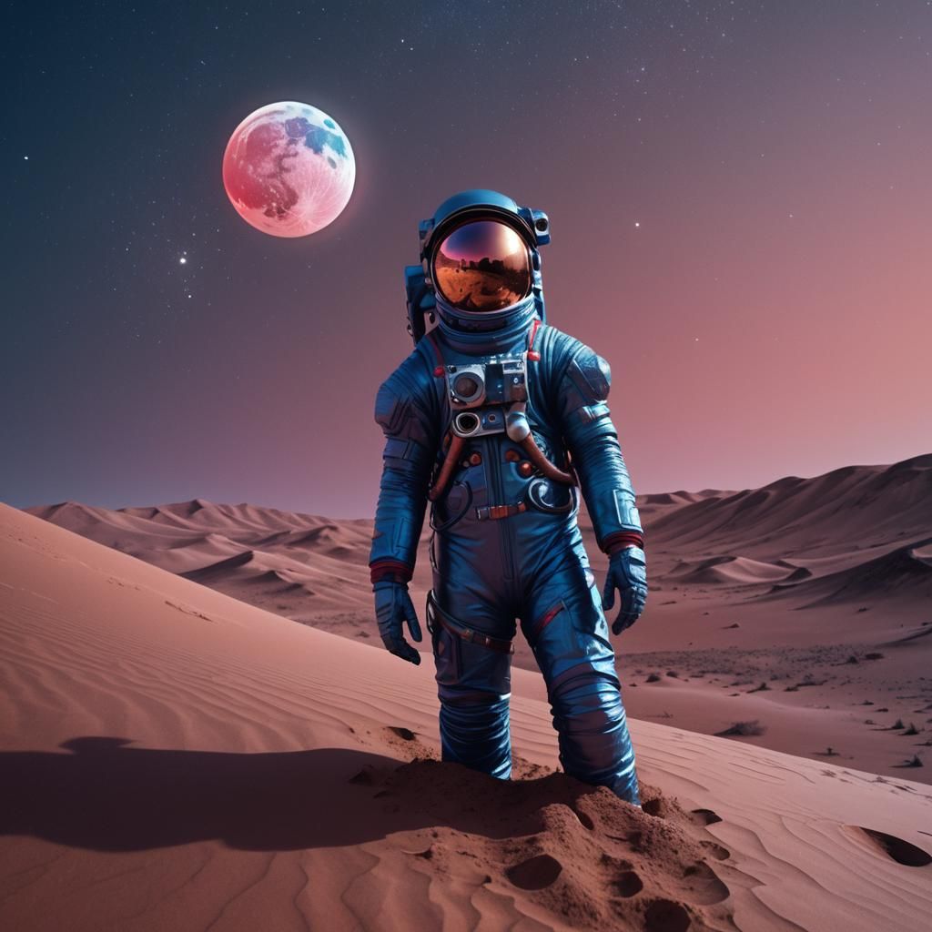 Astronaut on Crimson Dune Gazing at Alien Moon