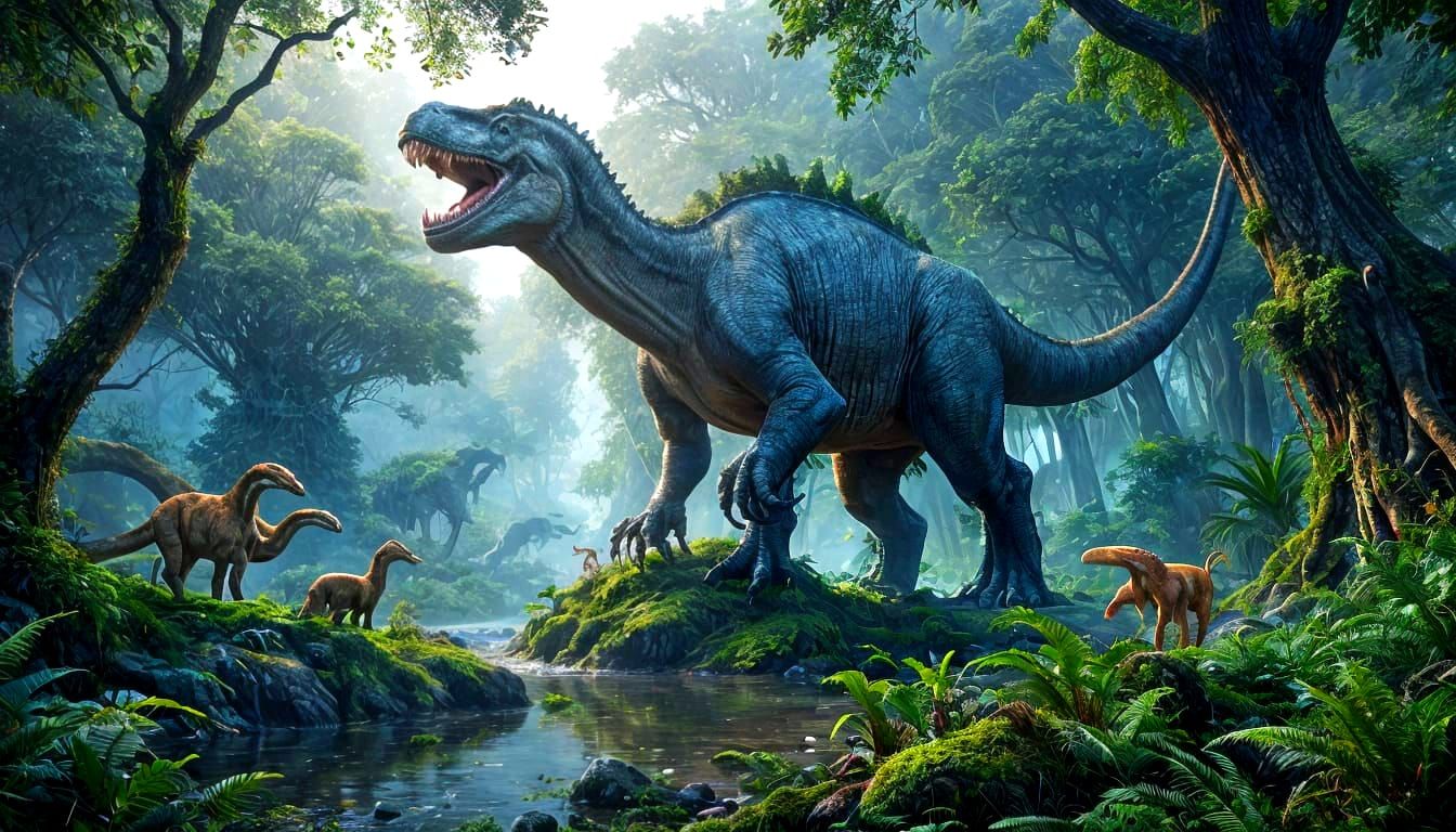 Lush Prehistoric Landscape with Dinosaurs