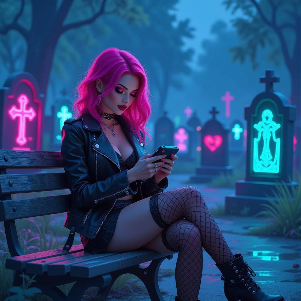 Goth Gamer Girl in Neon Cemetery, Digital Art