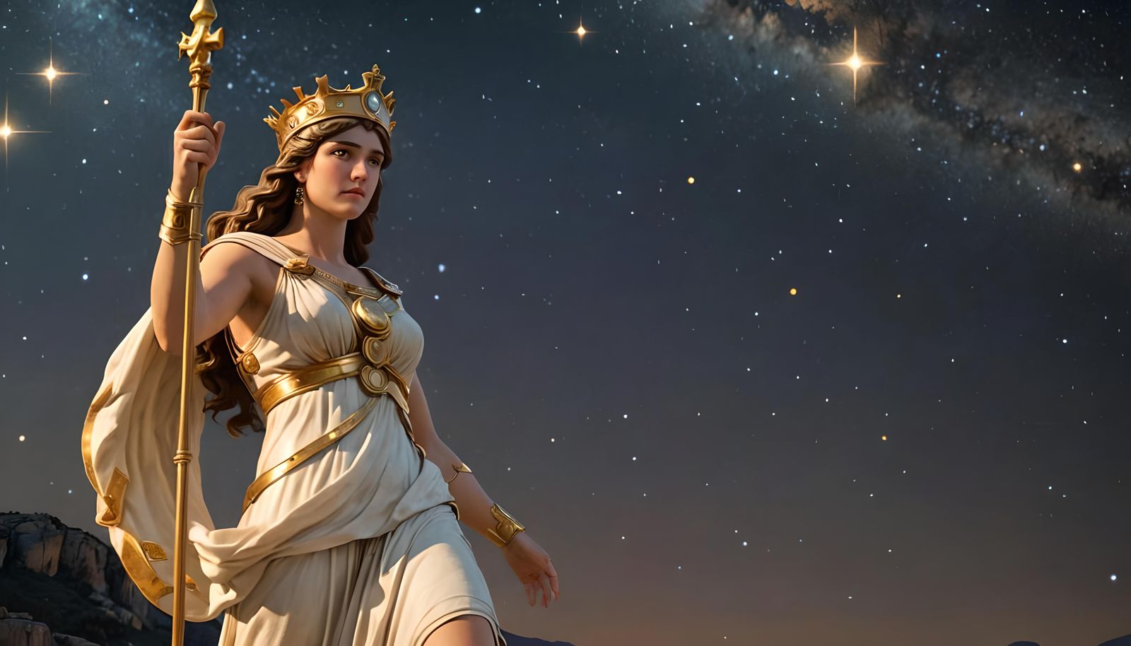 Athena, Goddess of Wisdom, Starry Background