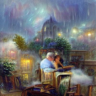 Parisian Cafe: Lovers Watch Summer Rain, Fantasy Art