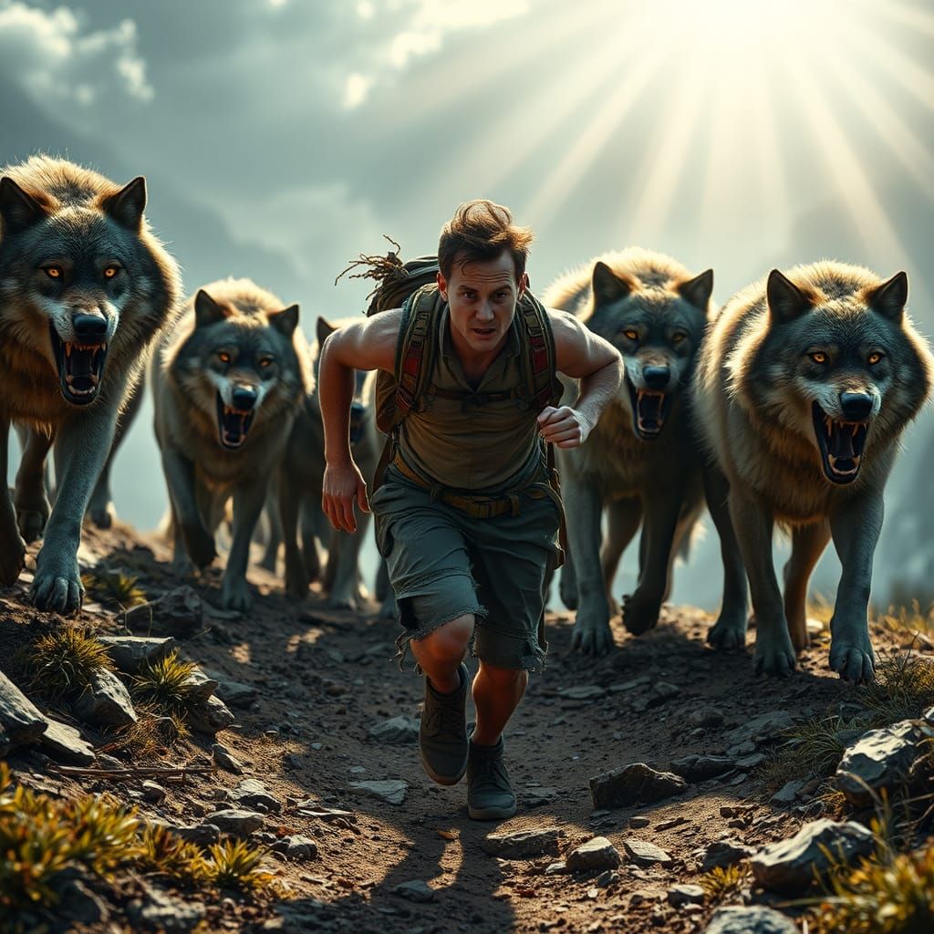 Man Fleeing Wolves on Mountain Trail, Professional Photograp...