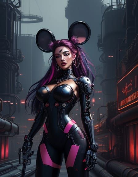 Cybernetic Minnie Mouse Hybrid Dominates Noir Cityscape