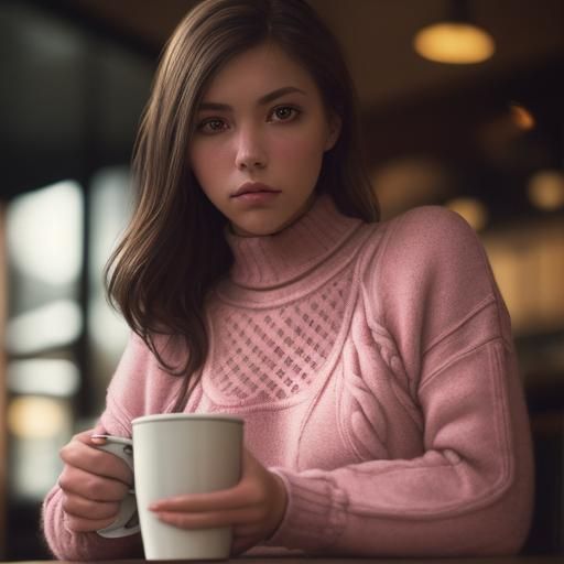Hyperrealistic Coffee Shop Scene with Woman in Pink