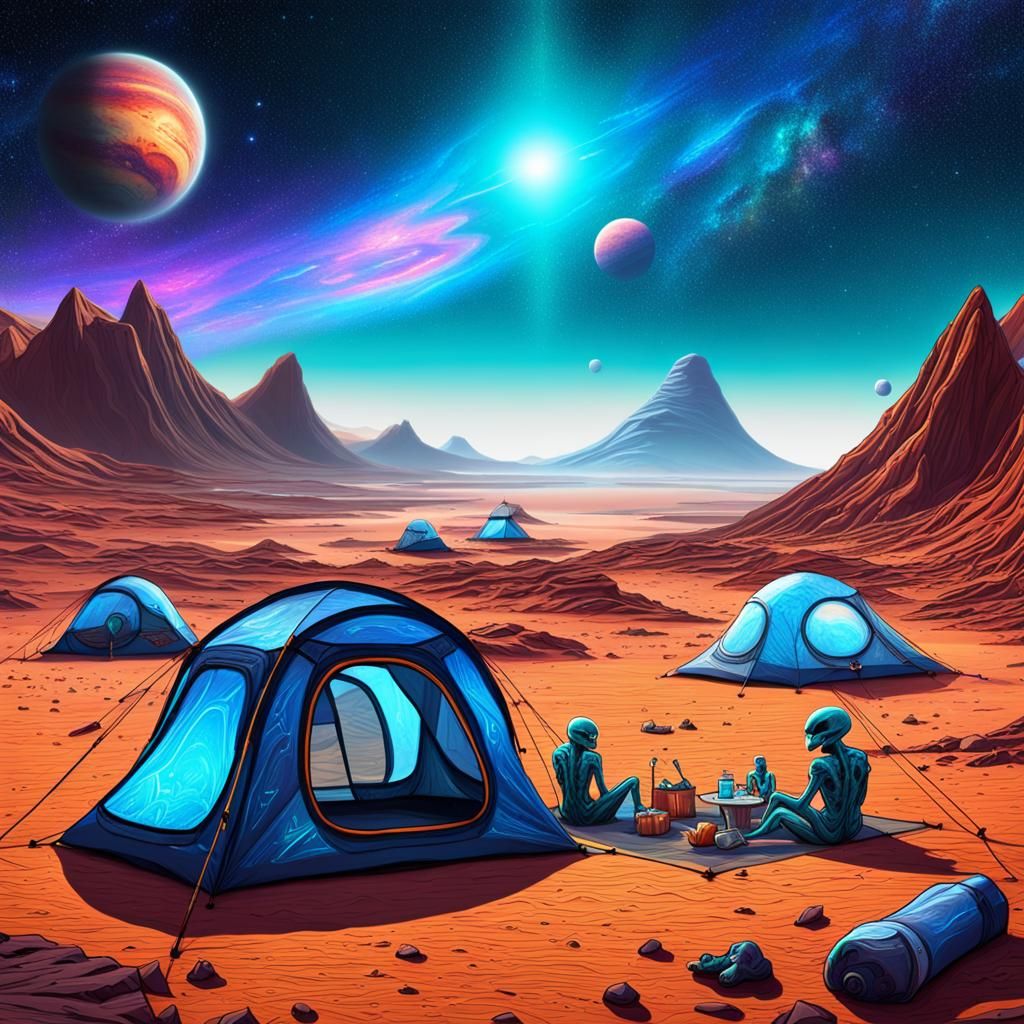 Alien Family Camps on Mars: Astral Illustration
