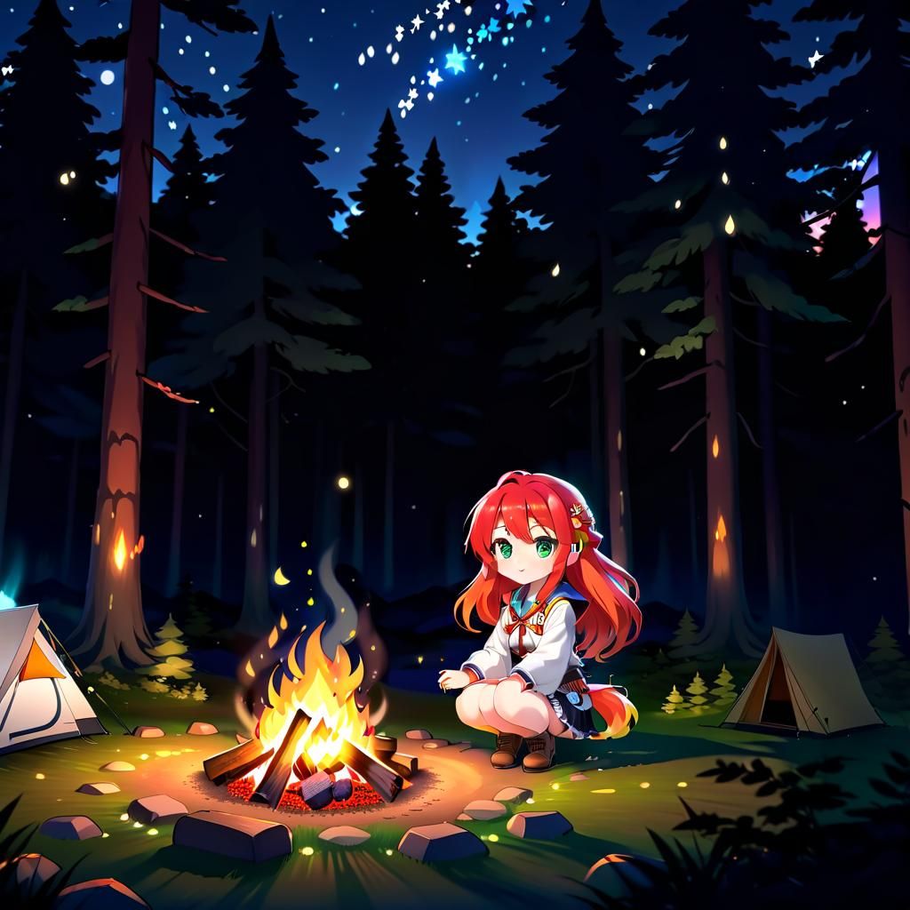 Cute Chibi Girl Camping in Anime Forest