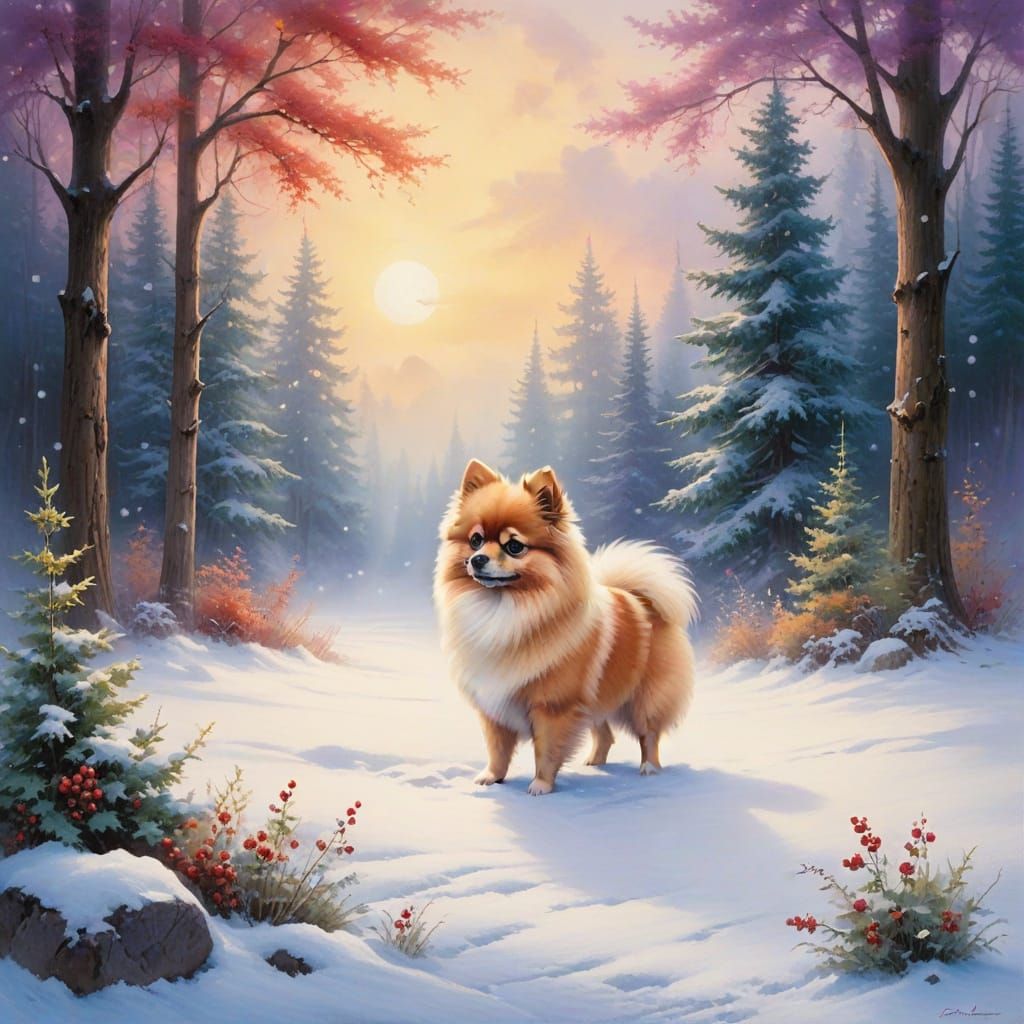 Winter Wonderland Pomeranian in a Whimsical Woodland Scene
