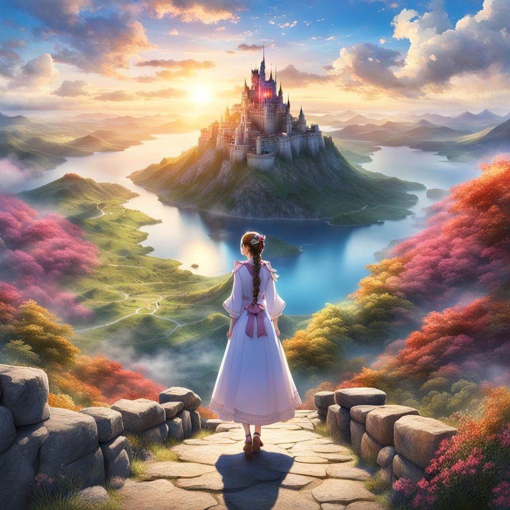 Castle on Mountain with Rainbow and Elegant Woman in Anime S...