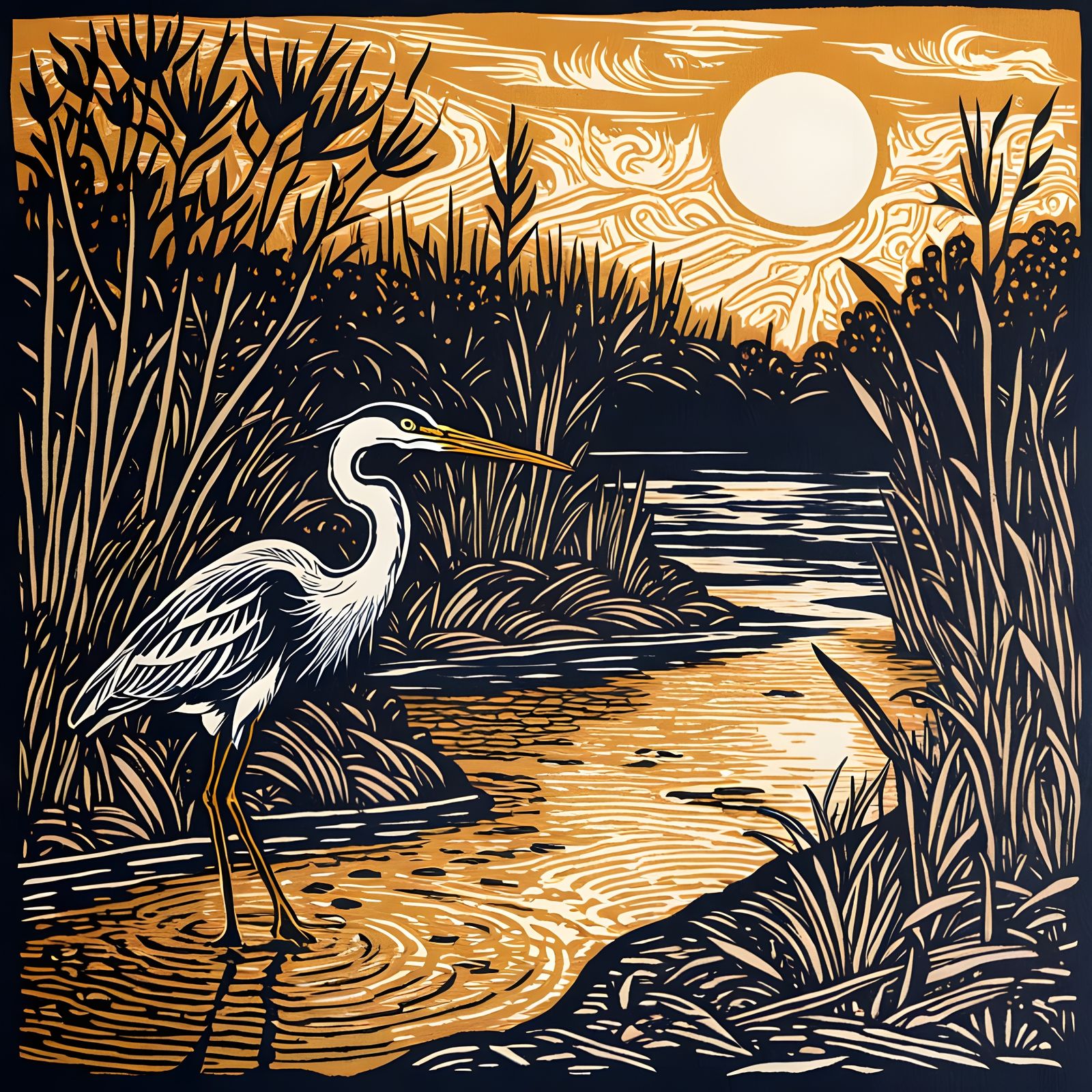 Heron in Linocut Print Explores Riverscape