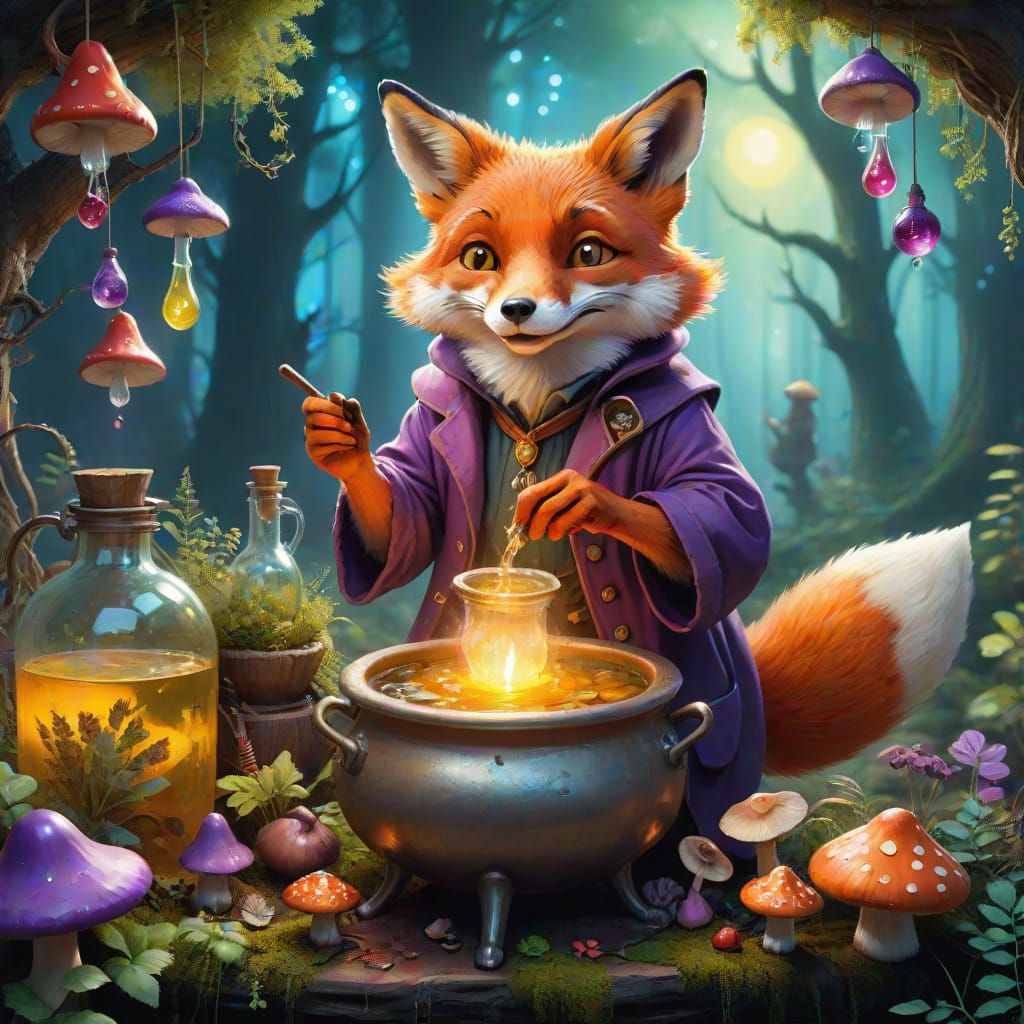 Whimsical Fantasy Fox Wizard in a Rich Gouache Style