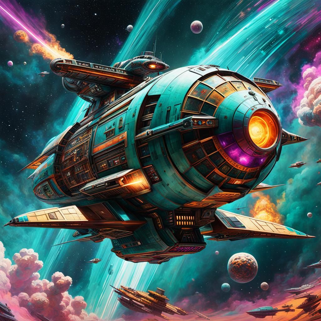 Futuristic Spaceship in Nebula: Art Deco Style