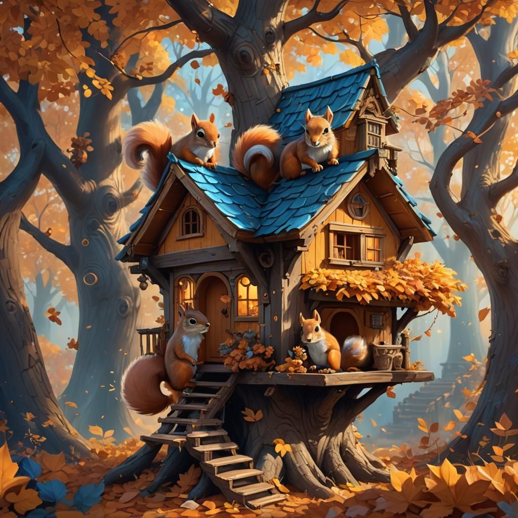 Cozy Squirrels in Autumnal Treehouse
