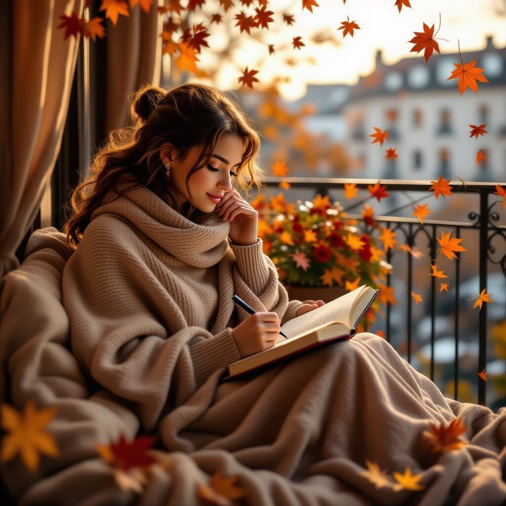 Cozy Autumn Balcony Scene: Woman Journaling