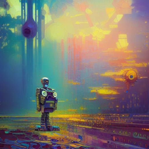 Detailed Robot Oil Painting: Futuristic Cosmic Art