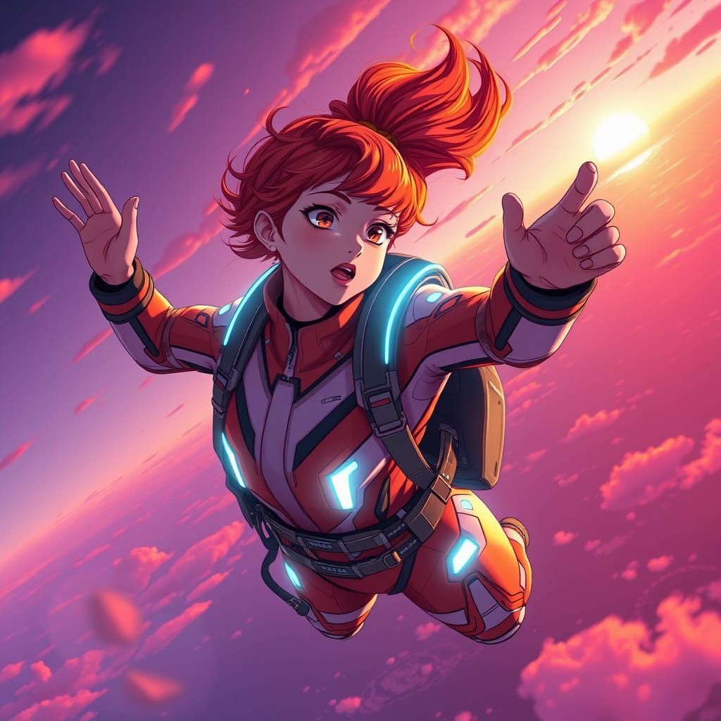 Red-Haired Skydiver in Futuristic Anime Style