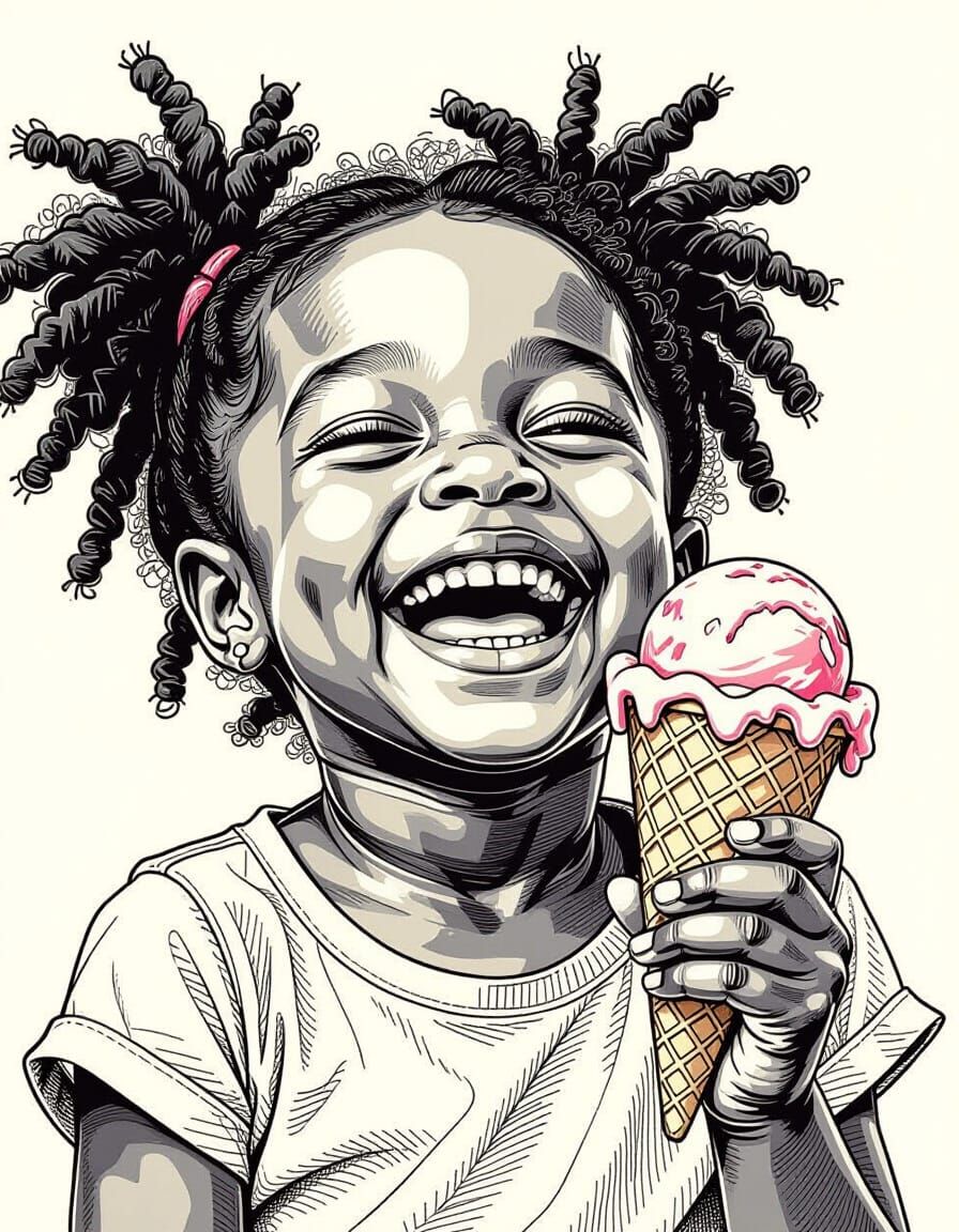 Smiling Girl with Ice Cream in Technical Illustration Style