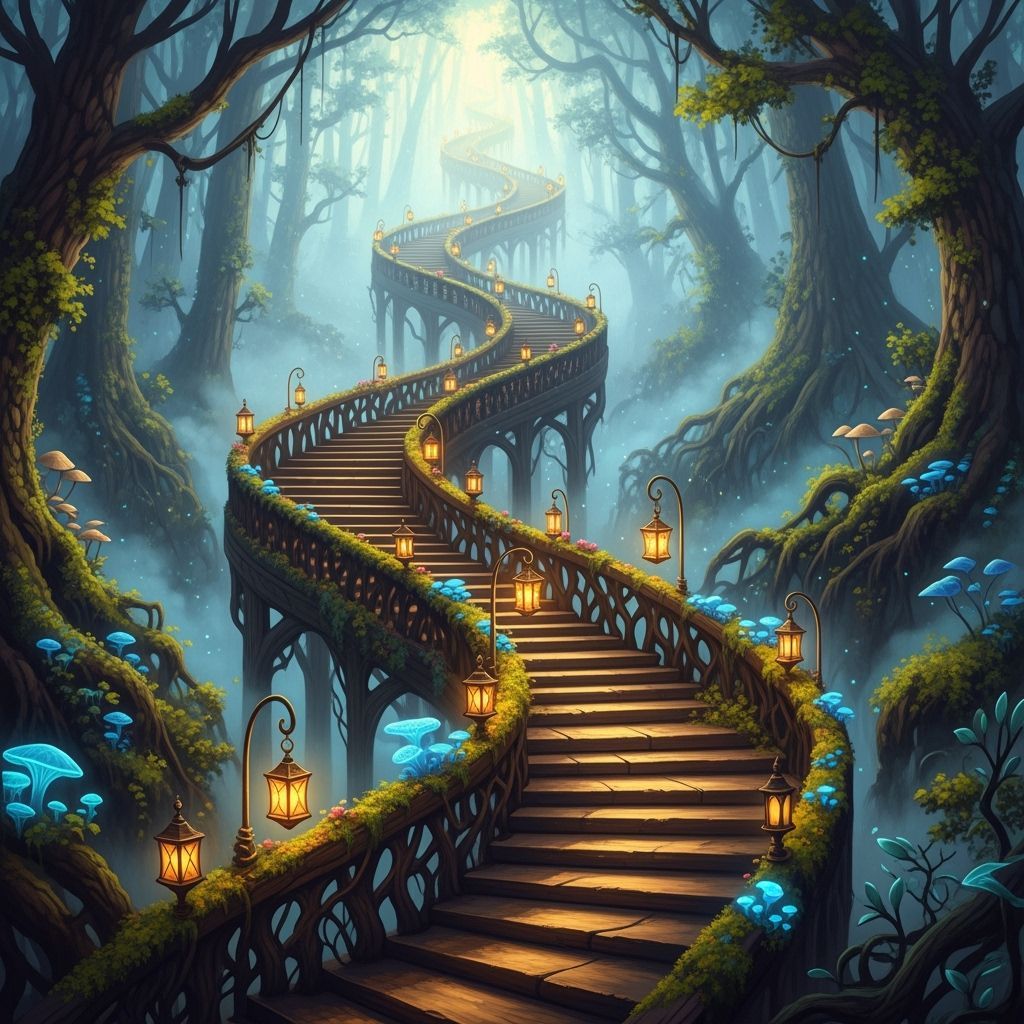 Mystical Staircase Ascends into Ethereal Forest