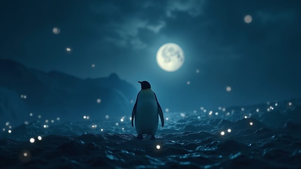 Penguin in a Dark Blue Sky with Glowing Eyes and Moon
