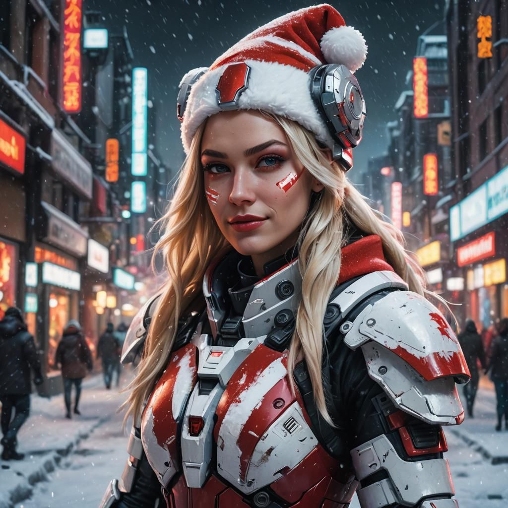 Cyberpunk Santa Woman in Snowy Cityscape