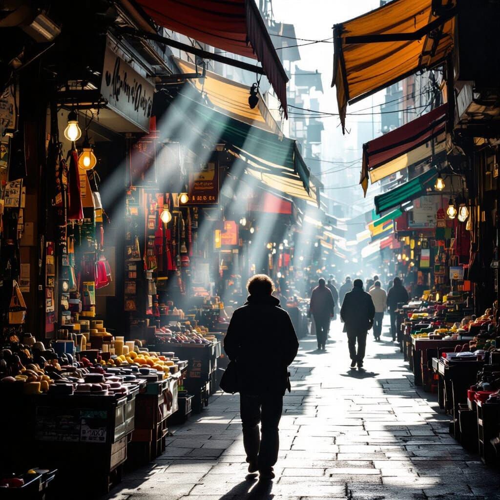 Street Scene: Person Observes Vibrant Market with Dramatic S...