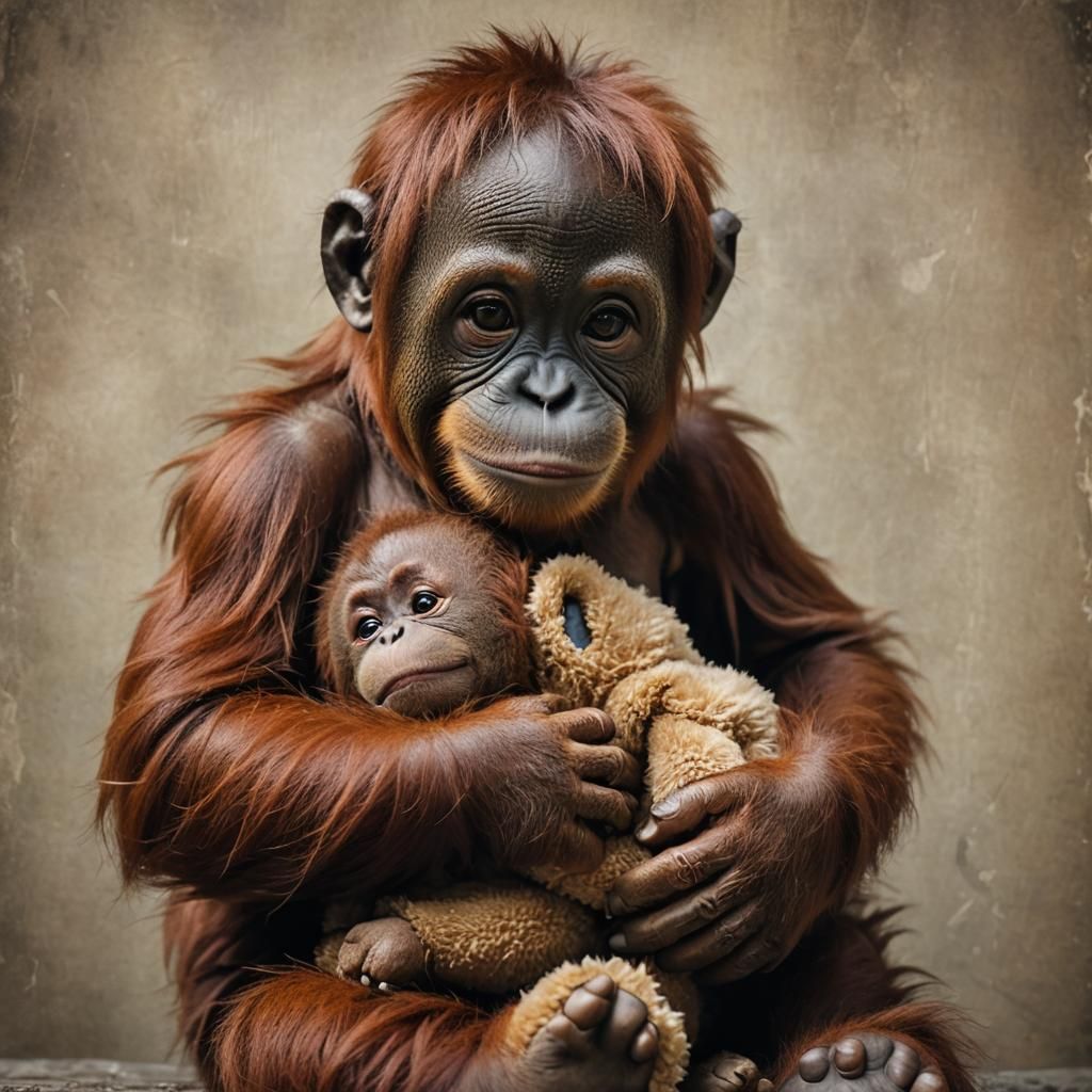Sweet Orangutan Portrait Hugging a Teddy Bear