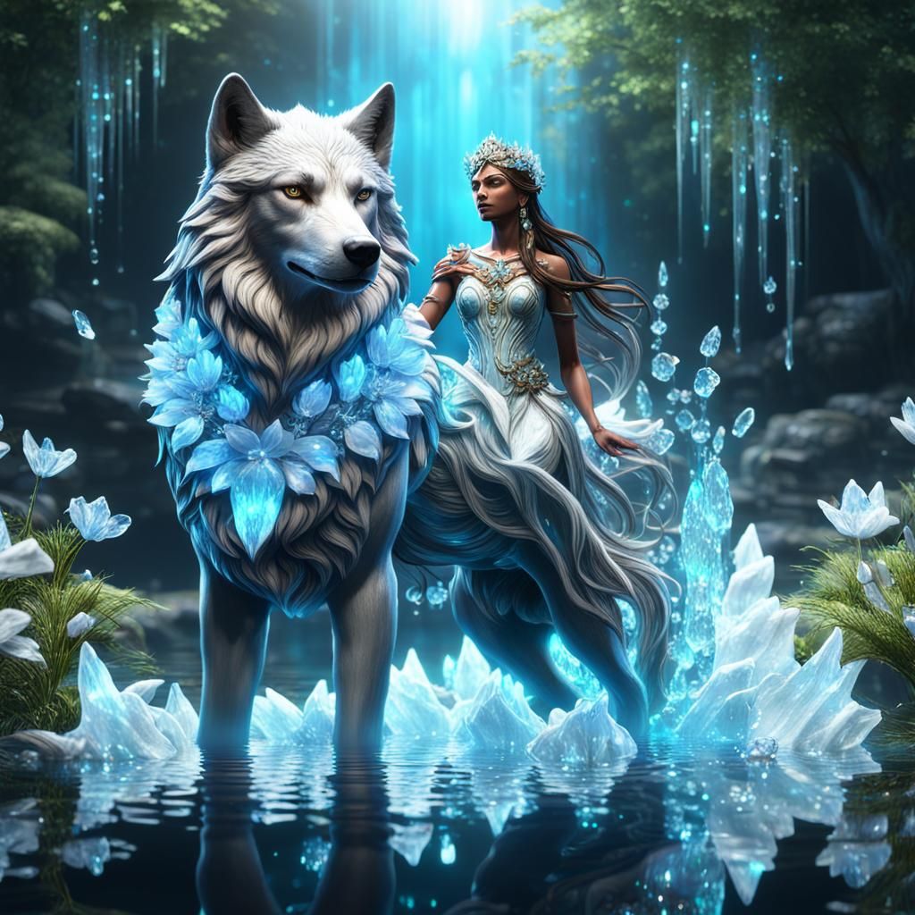 Goddess and Wolf with Crystal Flowers in Opal Water