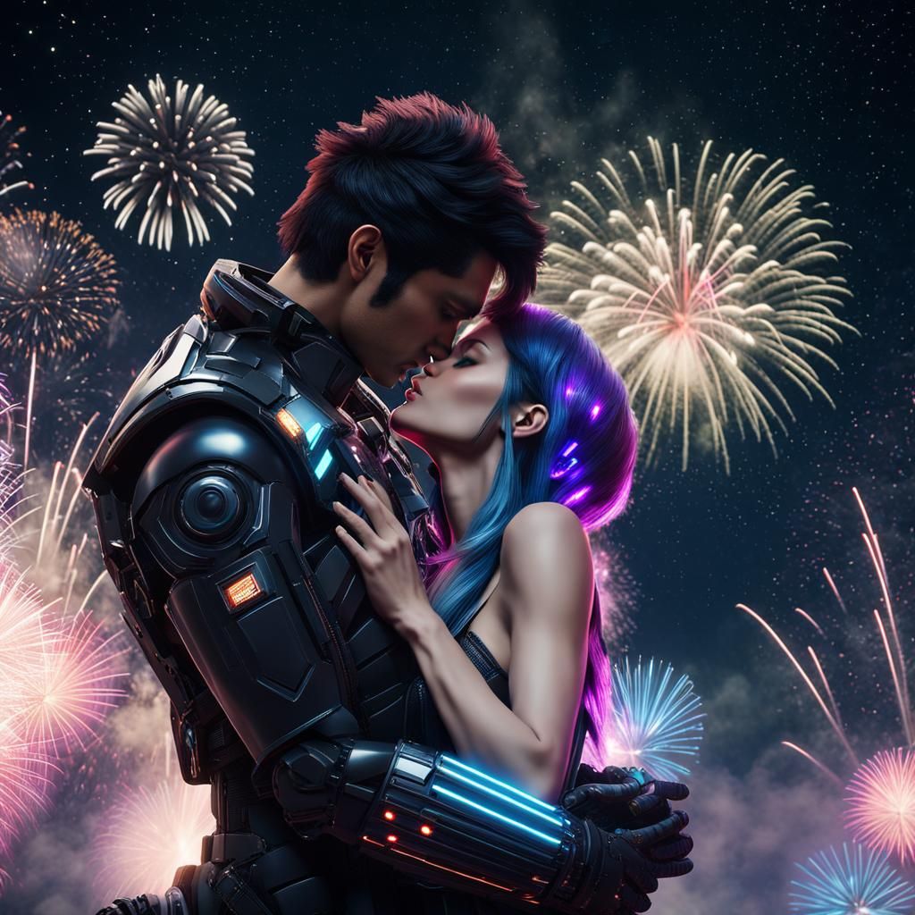 Biopunk Robot Kisses Human in Futuristic Spaceship