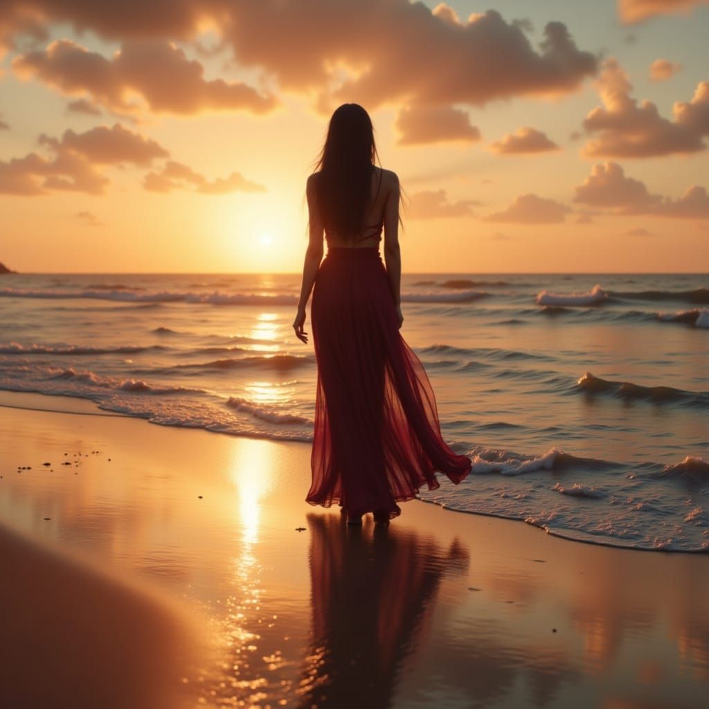 Woman on Serene Beach at Sunset, Digital Painting