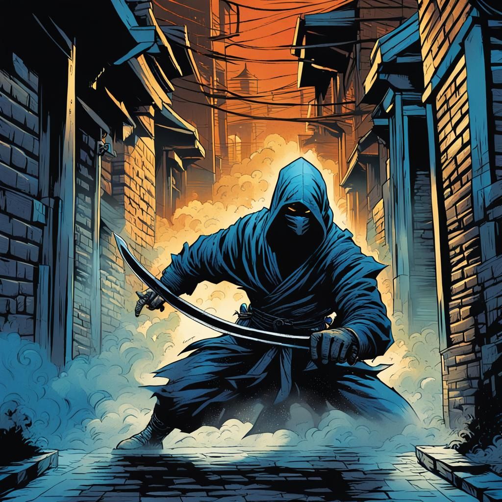 Ninja Emerges from Shadows in Comic Book Art