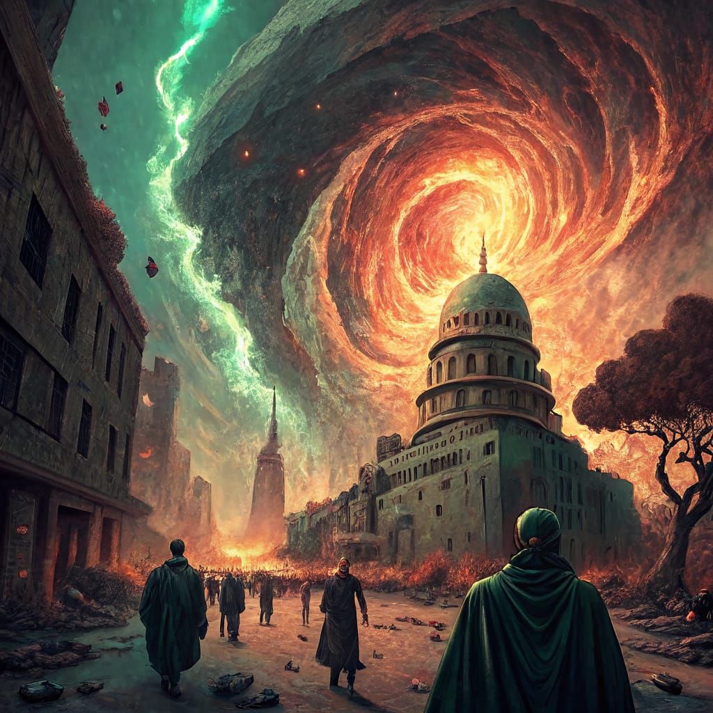 Apocalyptic Babylon in Neo-Surrealist Dystopia with 8-Bit Ho...