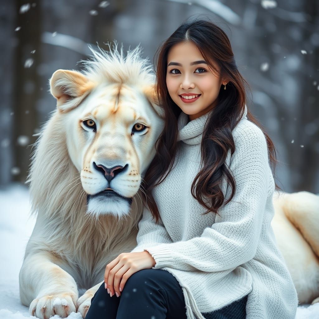 Asian Woman with White Lion in Snowy Scene