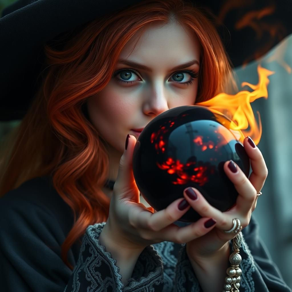 Red-Haired Witch with Fire Orb Reflection