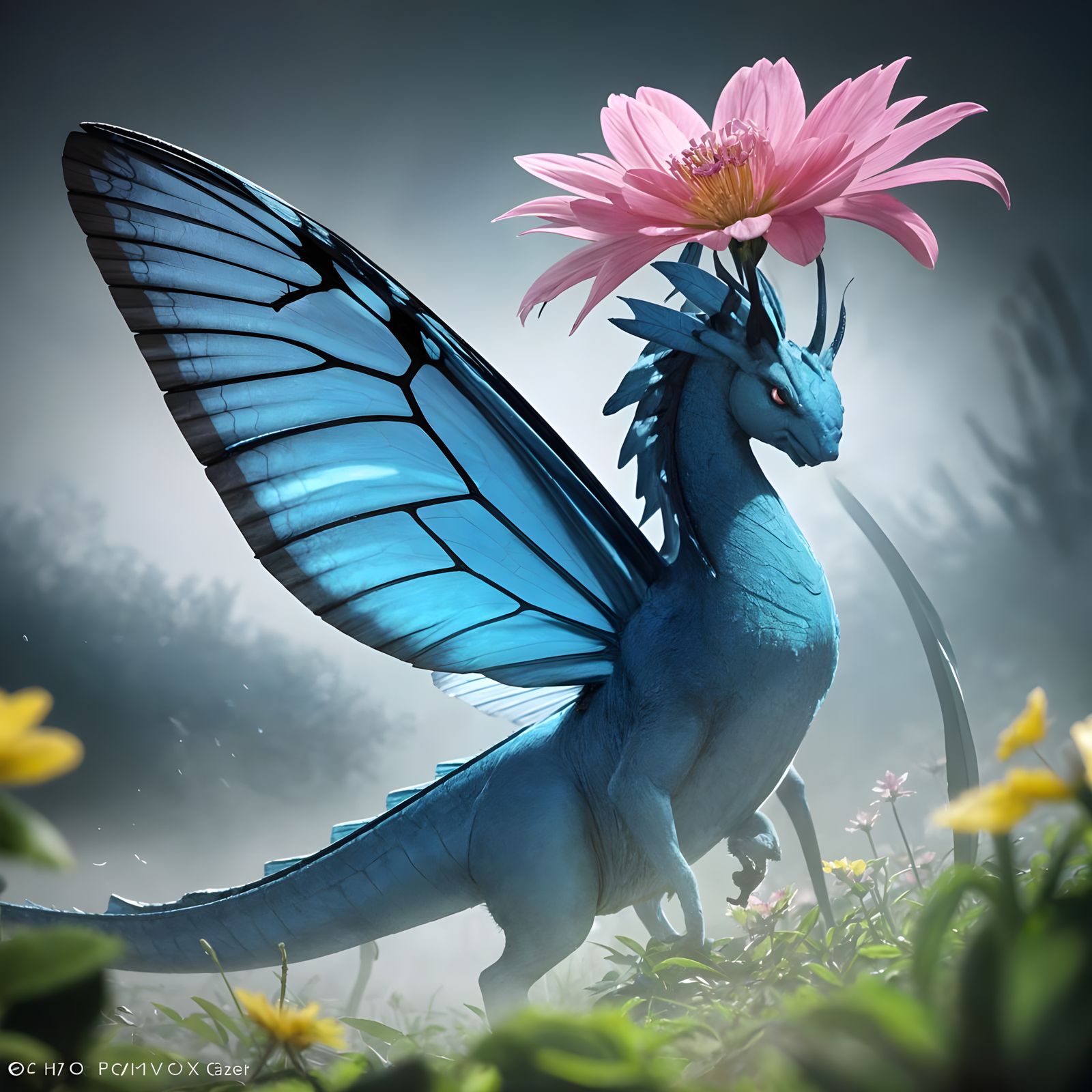 Blue Dragon with Butterfly Wings in Cinematic Style