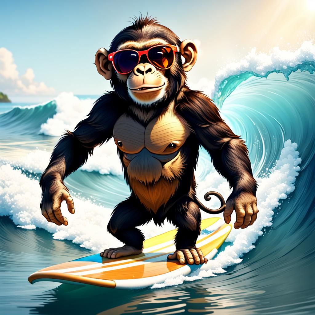 Chimp Surfing in Ocean: Cute 3D Cartoon