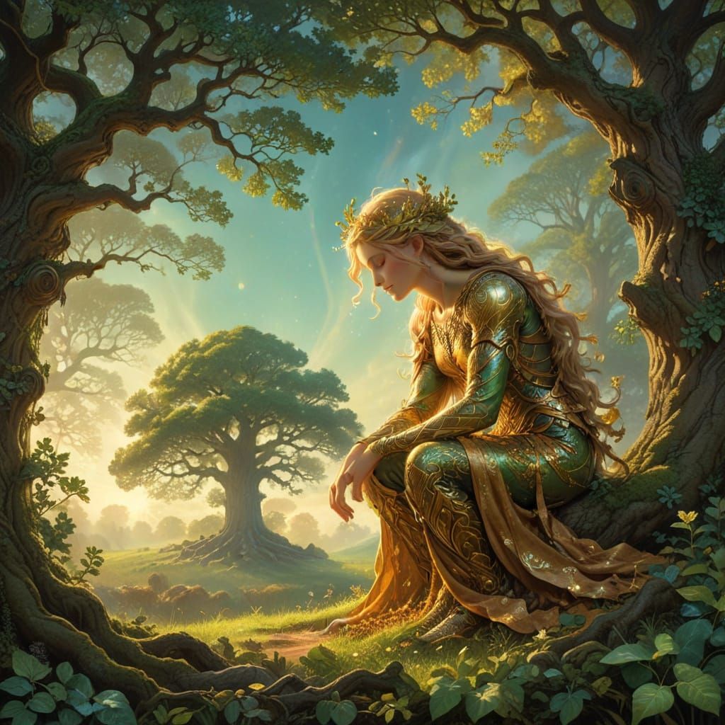 Majestic Oak Tree in Whimsical Fantasy Illustration