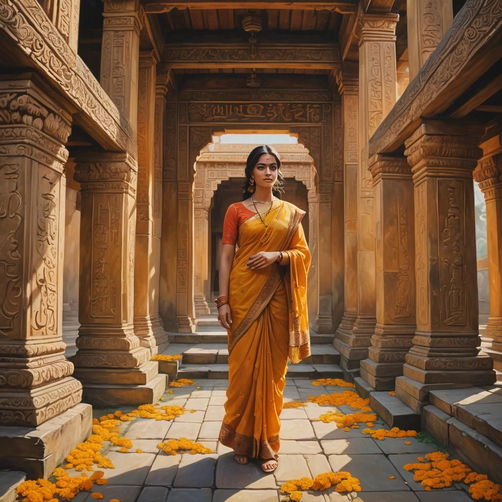 Glowing Woman in Ancient Hindu Temple Courtyard