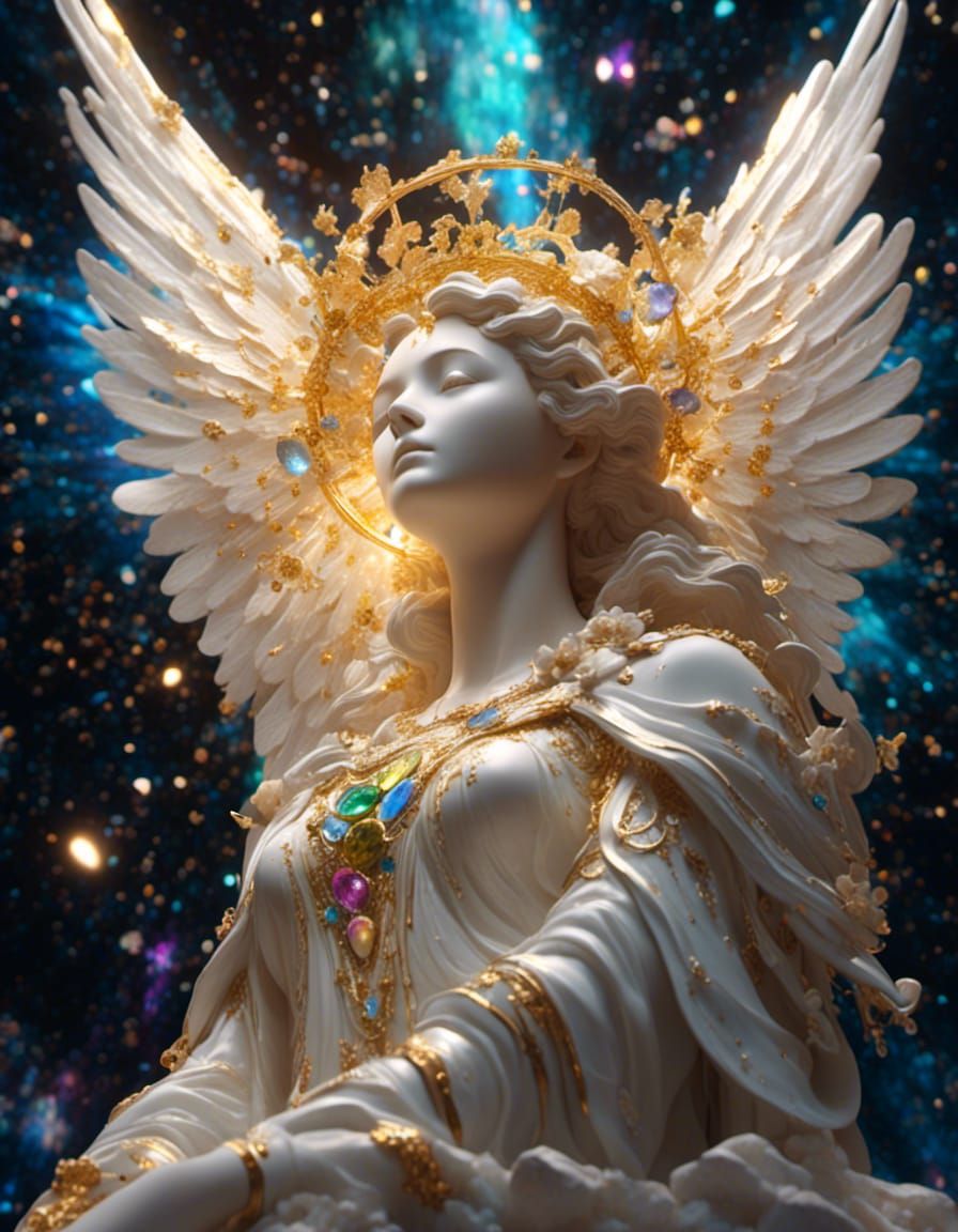 Hyperreal Angel Statue with Galaxy Background