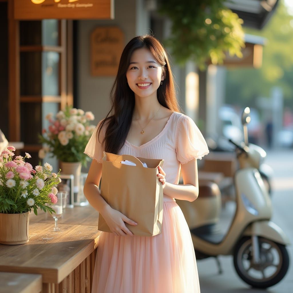 Elegant Woman in Pastel Outfit Near Cafe