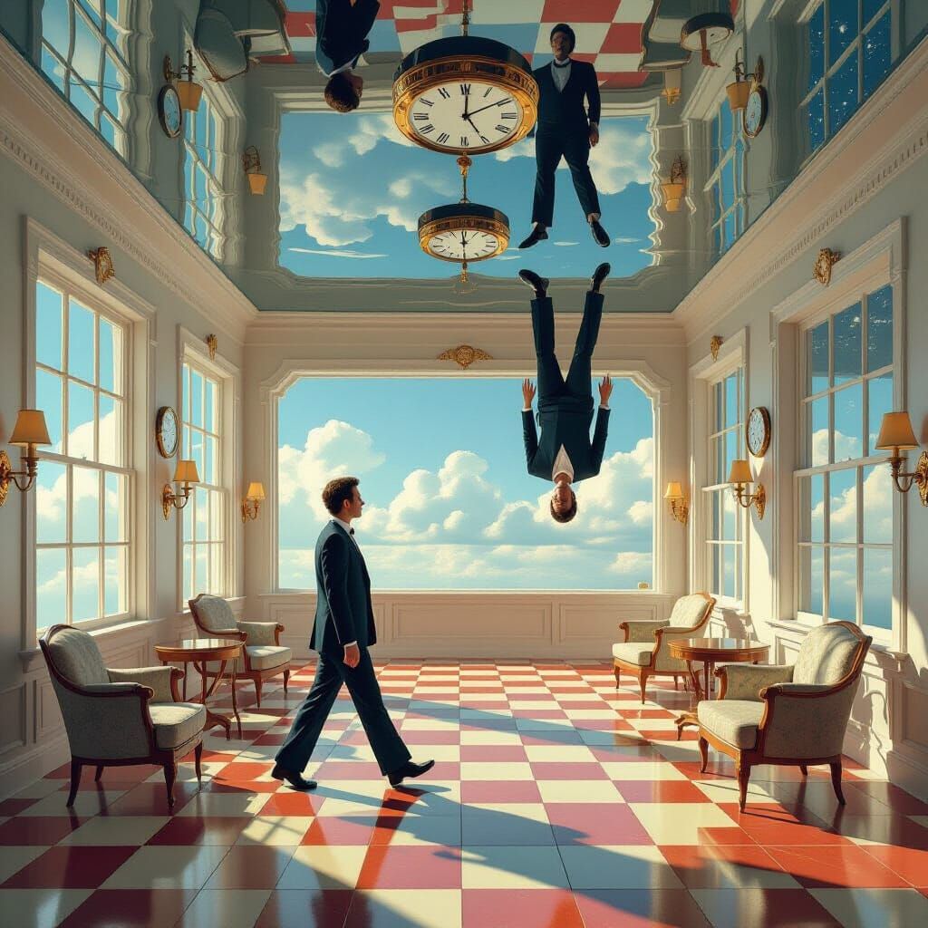 Surreal Symmetrical Room with Reflected Figures