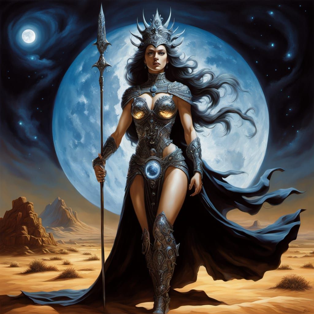 Obsidian Warrior Queen Statue in Starlit Desert